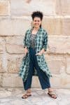 Womens, Shimla Coat in Naspal Figaris, Sol Pants in Boho Blue and Lola Top in Dandelion. 100% cotton, hand block print.