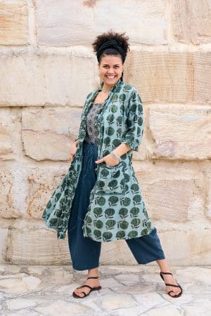Womens, Shimla Coat in Naspal Figaris, Sol Pants in Boho Blue and Lola Top in Dandelion. 100% cotton, hand block print.