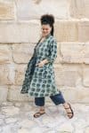 Womens, Shimla Coat in Naspal Figaris, Sol Pants in Boho Blue and Lola Top in Dandelion. 100% cotton, hand block print.