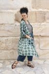 Womens, Shimla Coat in Naspal Figaris, Sol Pants in Boho Blue and Lola Top in Dandelion. 100% cotton, hand block print.