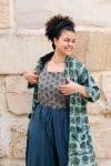 Womens, Shimla Coat in Naspal Figaris, Sol Pants in Boho Blue and Lola Top in Dandelion. 100% cotton, hand block print.