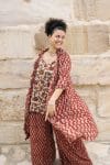 Womens, Shimla Coat in Kalika, Apanna Pants in Henna Floret and Sita Tunic in Autumn. 100% cotton, hand block print.