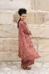 Womens, Shimla Coat in Kalika, Apanna Pants in Henna Floret and Sita Tunic in Autumn. 100% cotton, hand block print.
