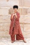 Womens, Shimla Coat in Kalika, Apanna Pants in Henna Floret and Sita Tunic in Autumn. 100% cotton, hand block print.