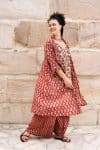 Womens, Shimla Coat in Kalika, Apanna Pants in Henna Floret and Sita Tunic in Autumn. 100% cotton, hand block print.