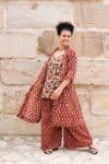 Womens, Shimla Coat in Kalika, Apanna Pants in Henna Floret and Sita Tunic in Autumn. 100% cotton, hand block print.