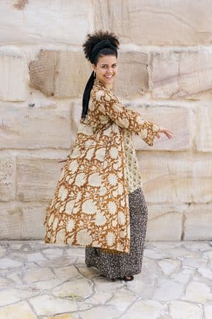Womens, Tula Coat in Masala, Apanna Pants in Stella and Sita Tunic in Habitat. 100% cotton, hand block print.