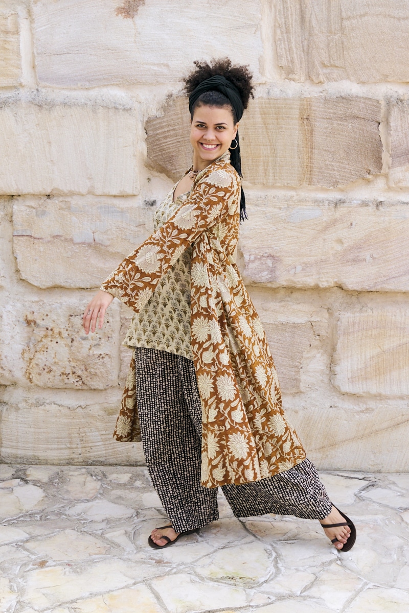 Womens, Tula Coat in Masala, Apanna Pants in Stella and Sita Tunic in Habitat. 100% cotton, hand block print.