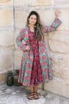 Womens, Tula Coat in Bellisse, Flamenco Dress with sleeves, midi, in Ruby Veda. 100% Cotton, hand block print.