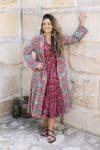 Womens, Tula Coat in Bellisse, Flamenco Dress with sleeves, midi, in Ruby Veda. 100% Cotton, hand block print.