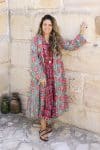 Womens, Tula Coat in Bellisse, Flamenco Dress with sleeves, midi, in Ruby Veda. 100% Cotton, hand block print.