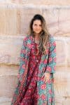 Womens, Tula Coat in Bellisse, Flamenco Dress with sleeves, midi, in Ruby Veda. 100% Cotton, hand block print.