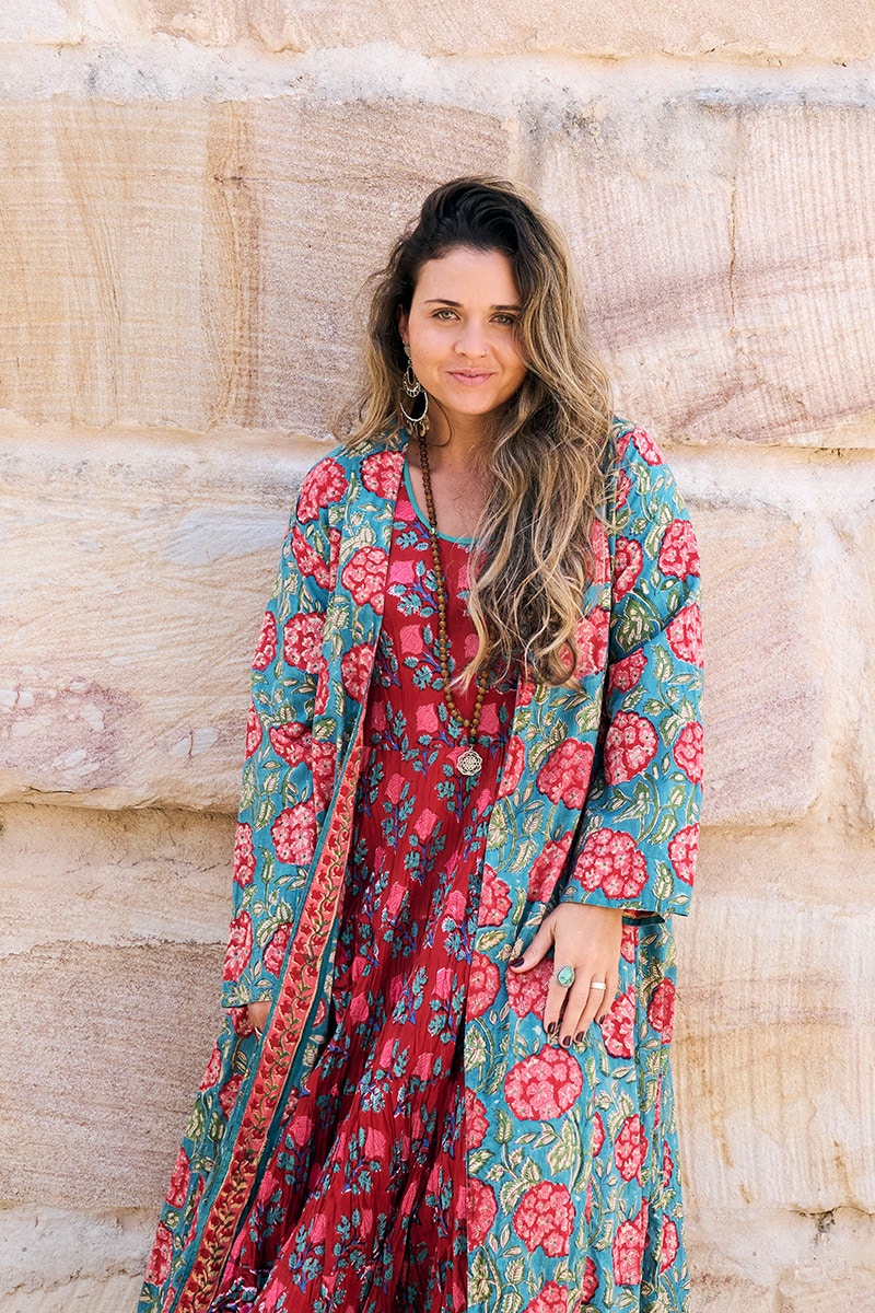 Womens, Tula Coat in Bellisse, Flamenco Dress with sleeves, midi, in Ruby Veda. 100% Cotton, hand block print.