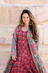 Womens, Tula Coat in Bellisse, Flamenco Dress with sleeves, midi, in Ruby Veda. 100% Cotton, hand block print.