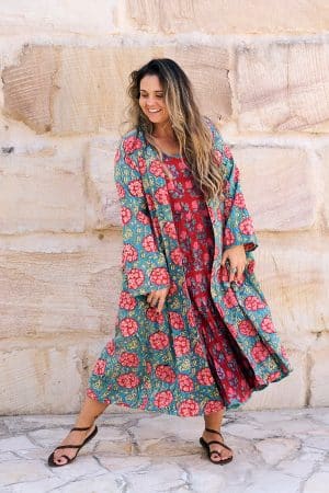 Womens, Tula Coat in Bellisse, Flamenco Dress with sleeves, midi, in Ruby Veda. 100% Cotton, hand block print.