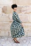 Womens Erika dress, 100% cotton, hand block print. In natural Naspal Figaris print.
