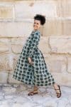 Womens Erika dress, 100% cotton, hand block print. In natural Naspal Figaris print.