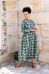 Womens Erika dress, 100% cotton, hand block print. In natural Naspal Figaris print.