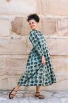 Womens Erika dress, 100% cotton, hand block print. In natural Naspal Figaris print.