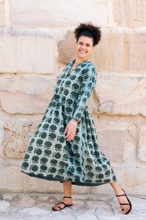 Womens Erika dress, 100% cotton, hand block print. In natural Naspal Figaris print.