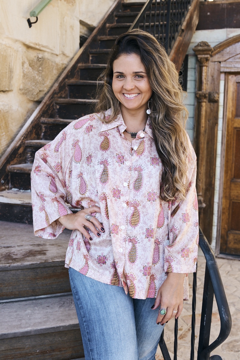 Womens, Vintage Sari Amira blouse - silk - soft pink paisley - Alina