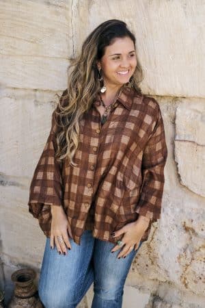 Womens, Vintage Sari Amira blouse - wool/silk - brown check - Arabica