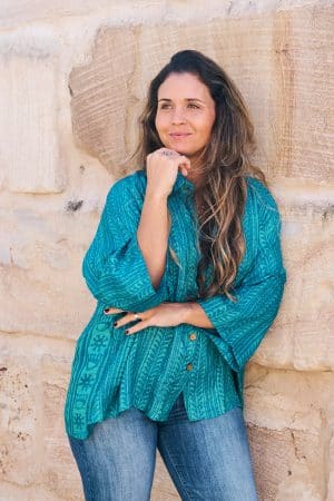 Womens, Vintage Sari Amira blouse - wool/silk - Aqua blue - Ocean