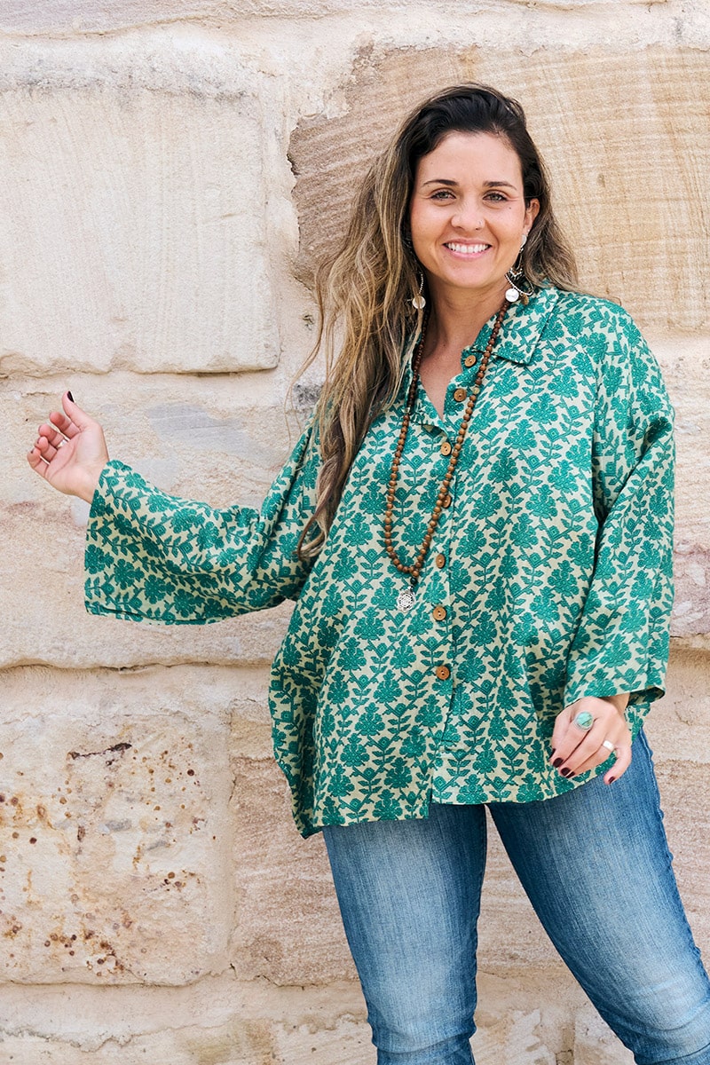 Womens, Vintage Sari Amira blouse - wool/silk - Green - Tilly