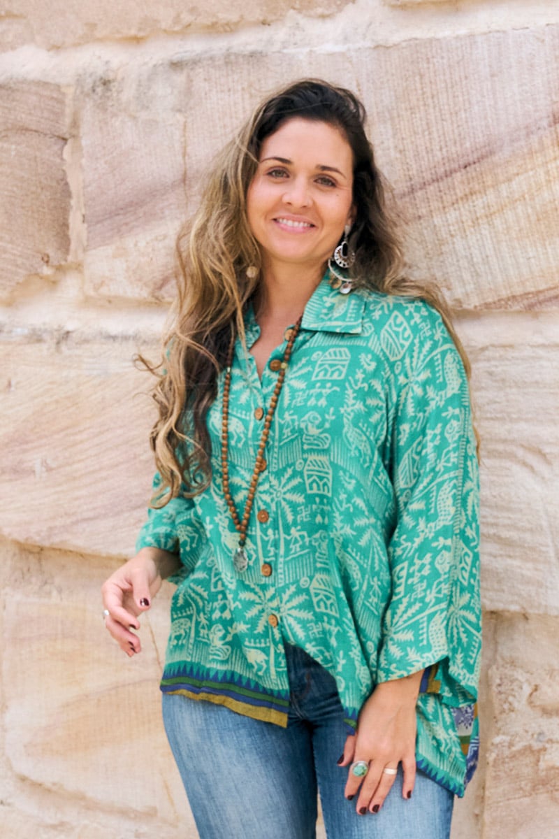 Womens, Vintage Sari Amira blouse - wool/silk - green - Tribal