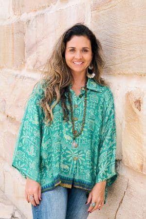 Womens, Vintage Sari Amira blouse - wool/silk - green - Tribal