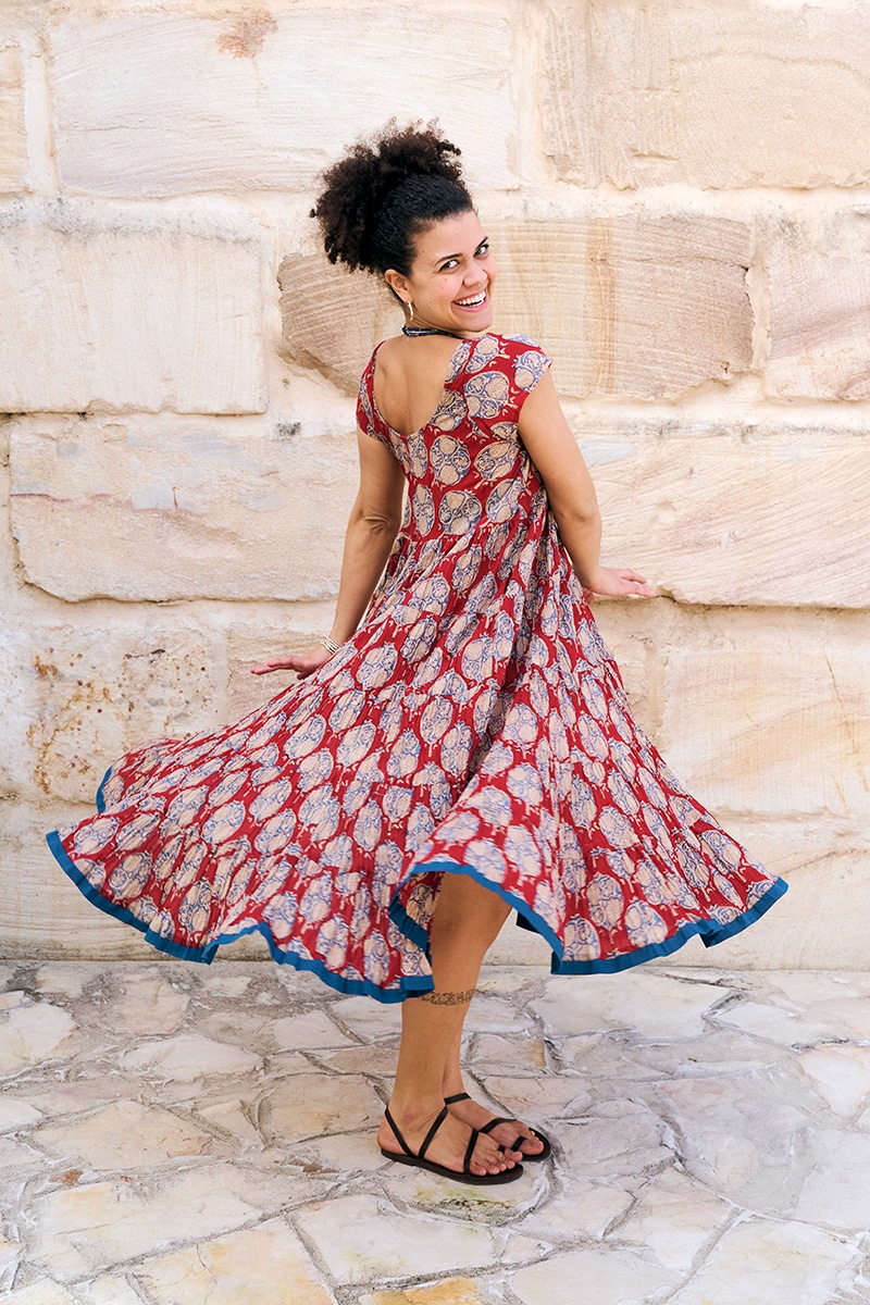 Womens Jalabi dress, 100% cotton, hand block print. In red Pomeray