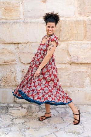 Womens Jalabi dress, 100% cotton, hand block print. In red Pomeray