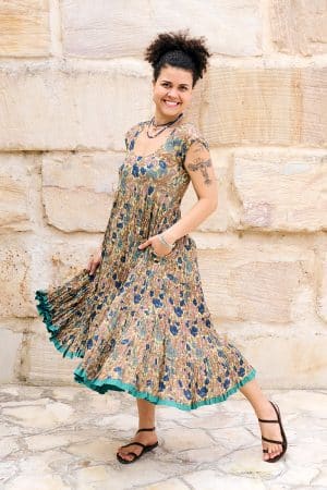 Womens Jalabi dress, 100% cotton, hand block print. In Myridia print
