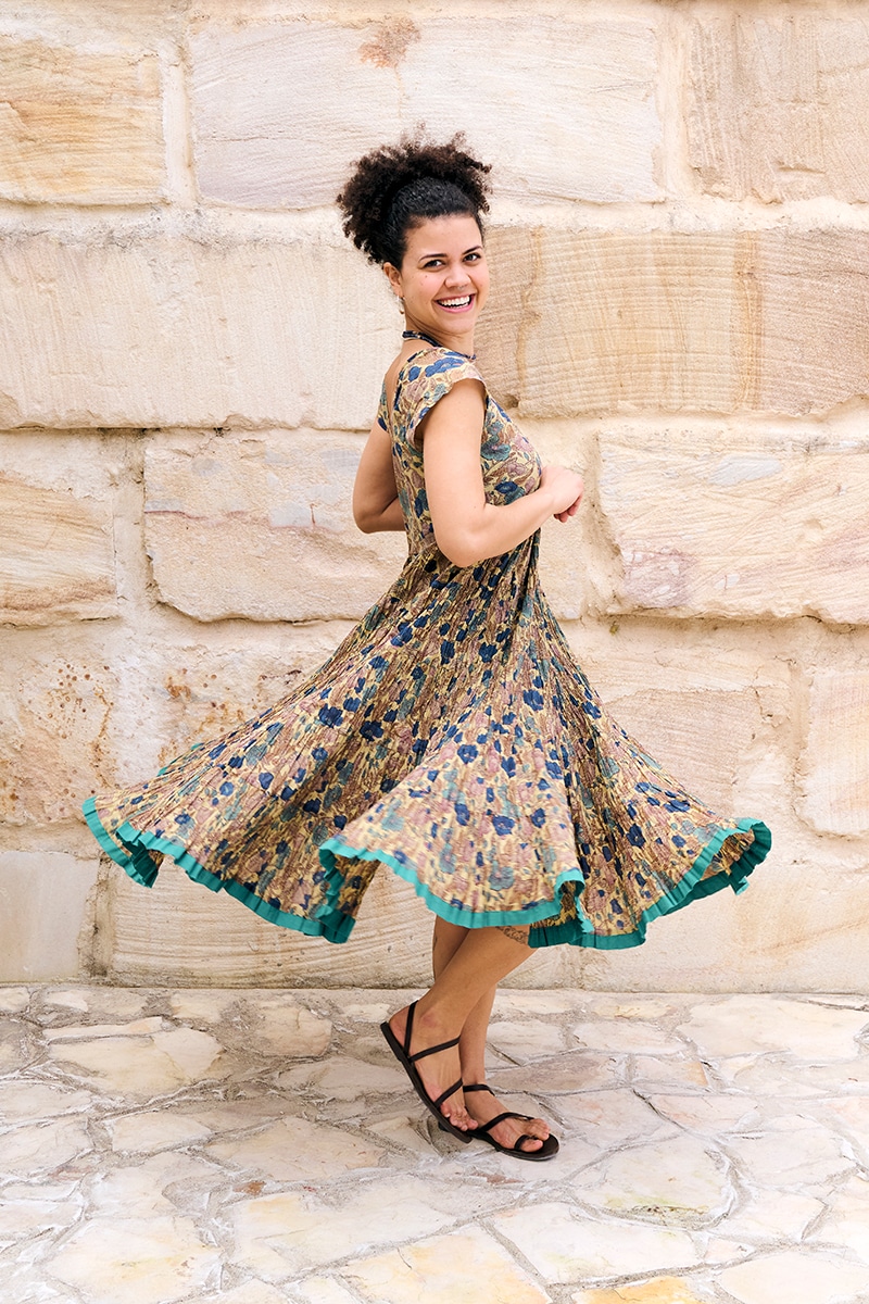 Womens Jalabi dress, 100% cotton, hand block print. In Myridia print