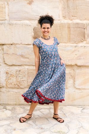 Womens Jalabi dress, 100% cotton, hand block print. In Folk Flower print