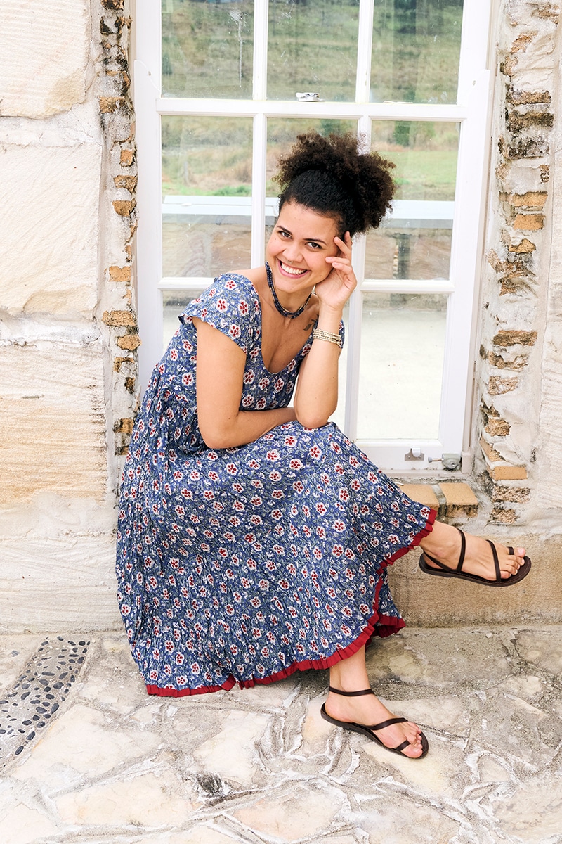 Womens Jalabi dress, 100% cotton, hand block print. In Folk Flower print