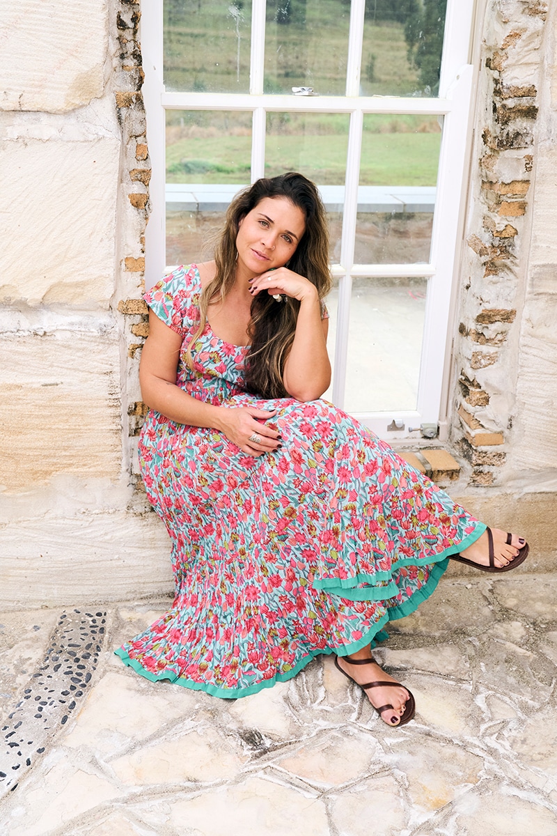 Womens Jalabi dress, 100% cotton, hand block print. In Serenade print