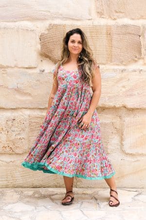 Womens Jalabi dress, 100% cotton, hand block print. In Serenade print