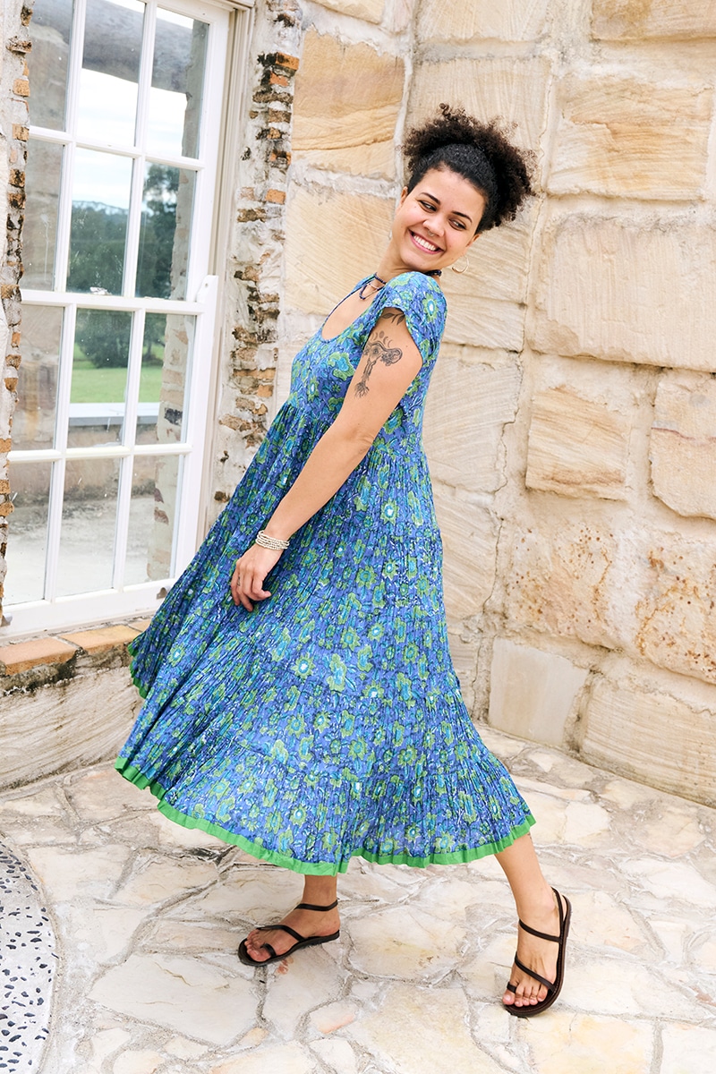 Womens Jalabi dress, 100% cotton, hand block print. In blue green Wren