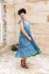 Womens Jalabi dress, 100% cotton, hand block print. In blue green Wren