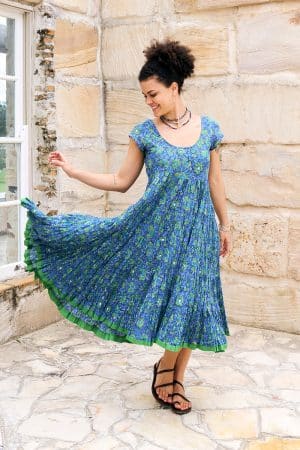 Womens Jalabi dress, 100% cotton, hand block print. In blue green Wren
