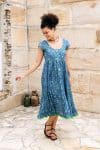 Womens Jalabi dress, 100% cotton, hand block print. In blue green Wren