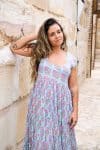 Womens Jalabi dress, 100% cotton, hand block print. In Mist Flower print