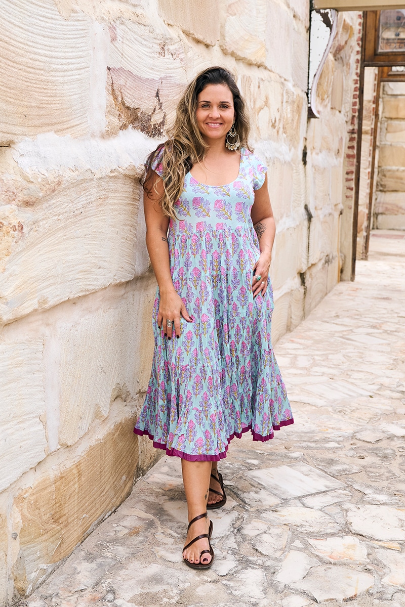 Womens Jalabi dress, 100% cotton, hand block print. In Mist Flower print