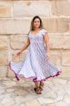 Womens Jalabi dress, 100% cotton, hand block print. In Mist Flower print