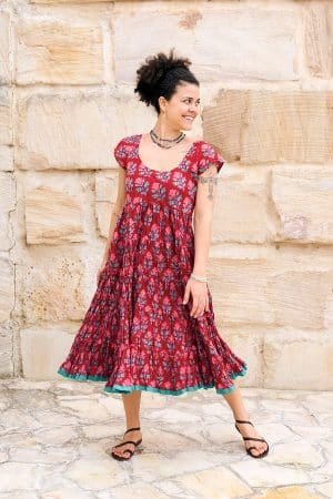 Womens Jalabi dress, 100% cotton, hand block print. In Ruby Veda print