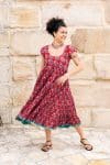 Womens Jalabi dress, 100% cotton, hand block print. In Ruby Veda print