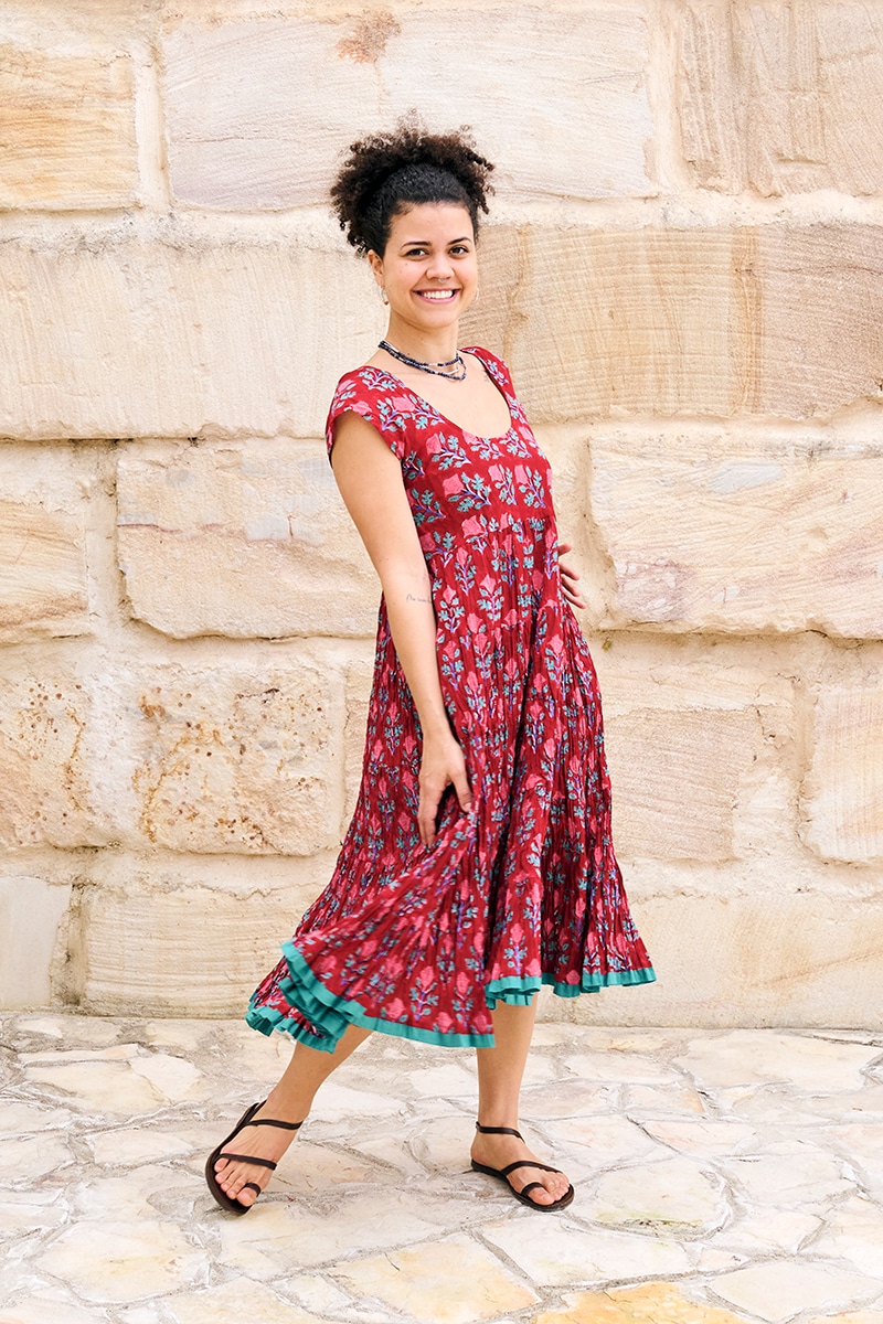 Womens Jalabi dress, 100% cotton, hand block print. In Ruby Veda print