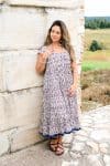 Womens Jalabi dress, 100% cotton, hand block print. In soft blue & lilac Morning Dew print.