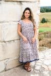Womens Jalabi dress, 100% cotton, hand block print. In soft blue & lilac Morning Dew print.